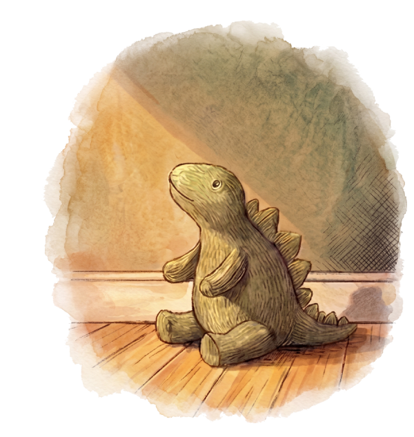 Brady's Plüsch-Dino schaut auf das Zitat 'Mama, fühlt mein Teddy das auch so? Wenn ich so einen Druck habe wie der Dino?' neben dem Bild