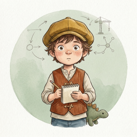 Brady hält ein Notizbuch in der Hand und denkt nach - Illustration aus der Kinderbuchreihe 'Brady weiß genau' über Gefühle und Emotionen