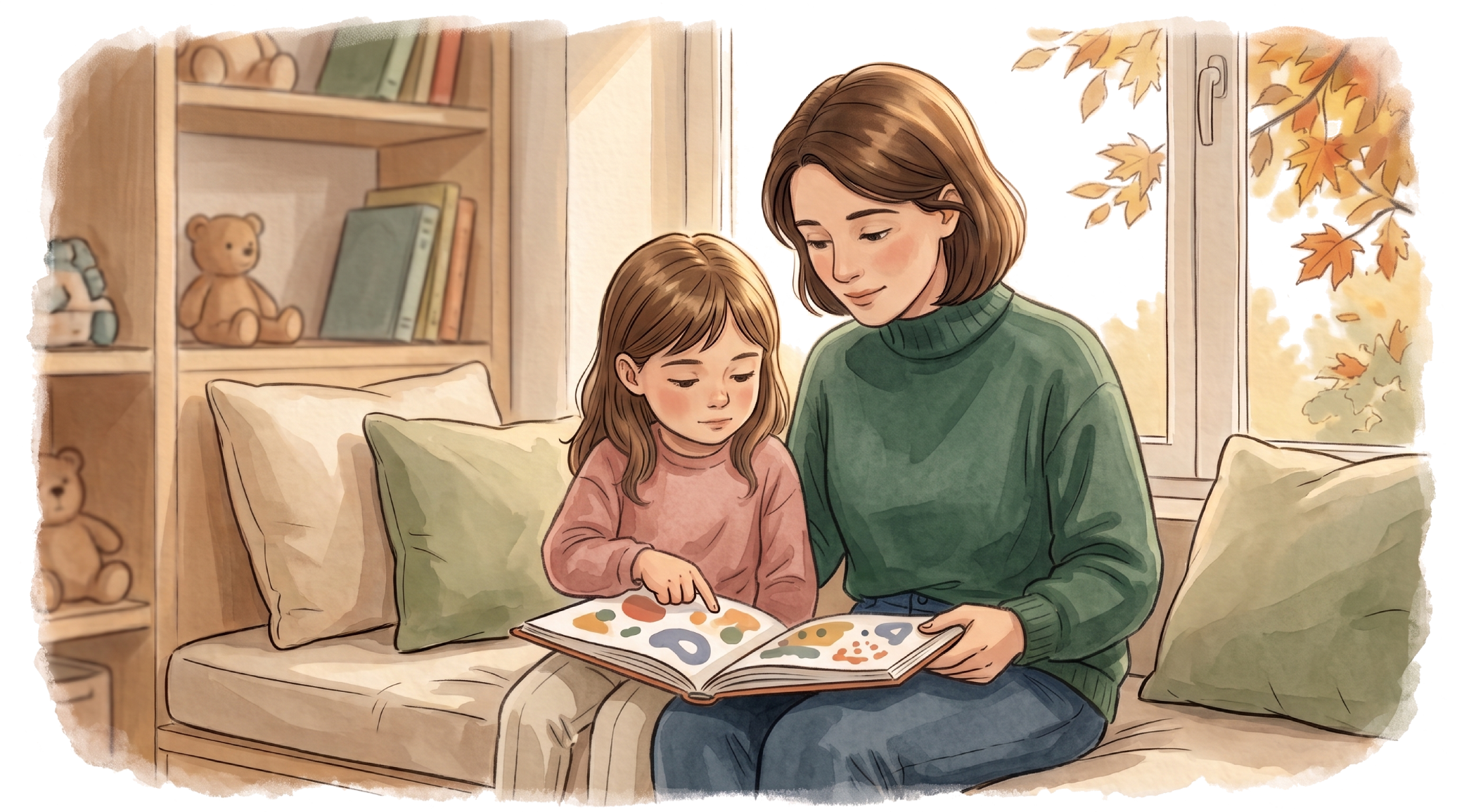 Ein Erwachsener und ein Kind sitzen vertraut beieinander und betrachten ein Bilderbuch. Das Kind zeigt nachdenklich auf eine Illustration - ein Moment der emotionalen Sicherheit beim Vorlesen.