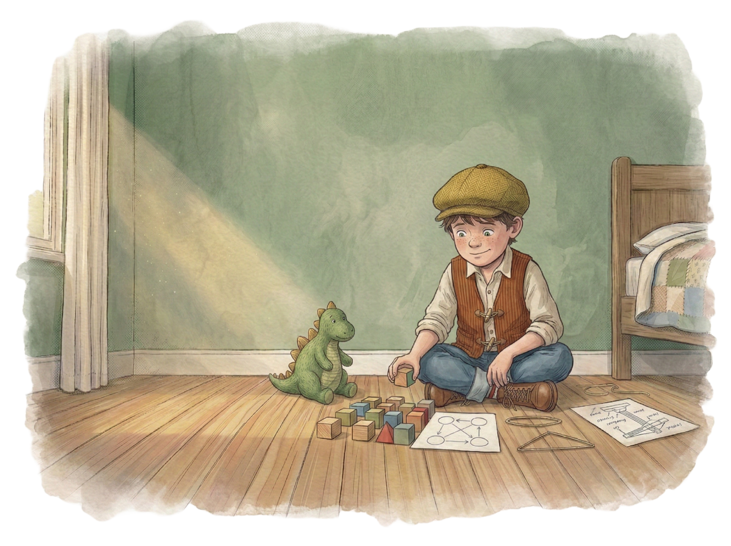 Brady, der neugierige Junge aus der Kinderbuchreihe 'Brady weiß genau', sitzt auf dem Boden seines Zimmers mit Holzbausteinen, Diagrammen und seinem grünen Stoffdino