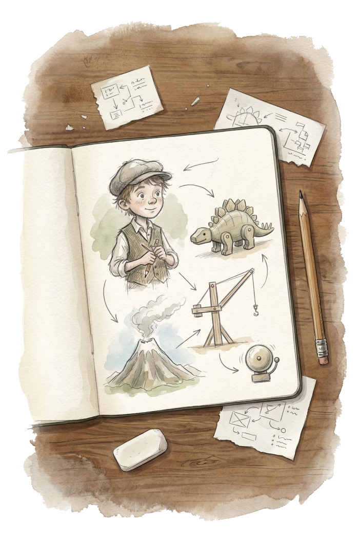 Bradys Notizbuch mit Skizzen: Ein Vulkan, ein Kran und eine Klingel sind durch Pfeile verbunden - Brady erklärt Gefühle wie Naturkräfte und Systeme