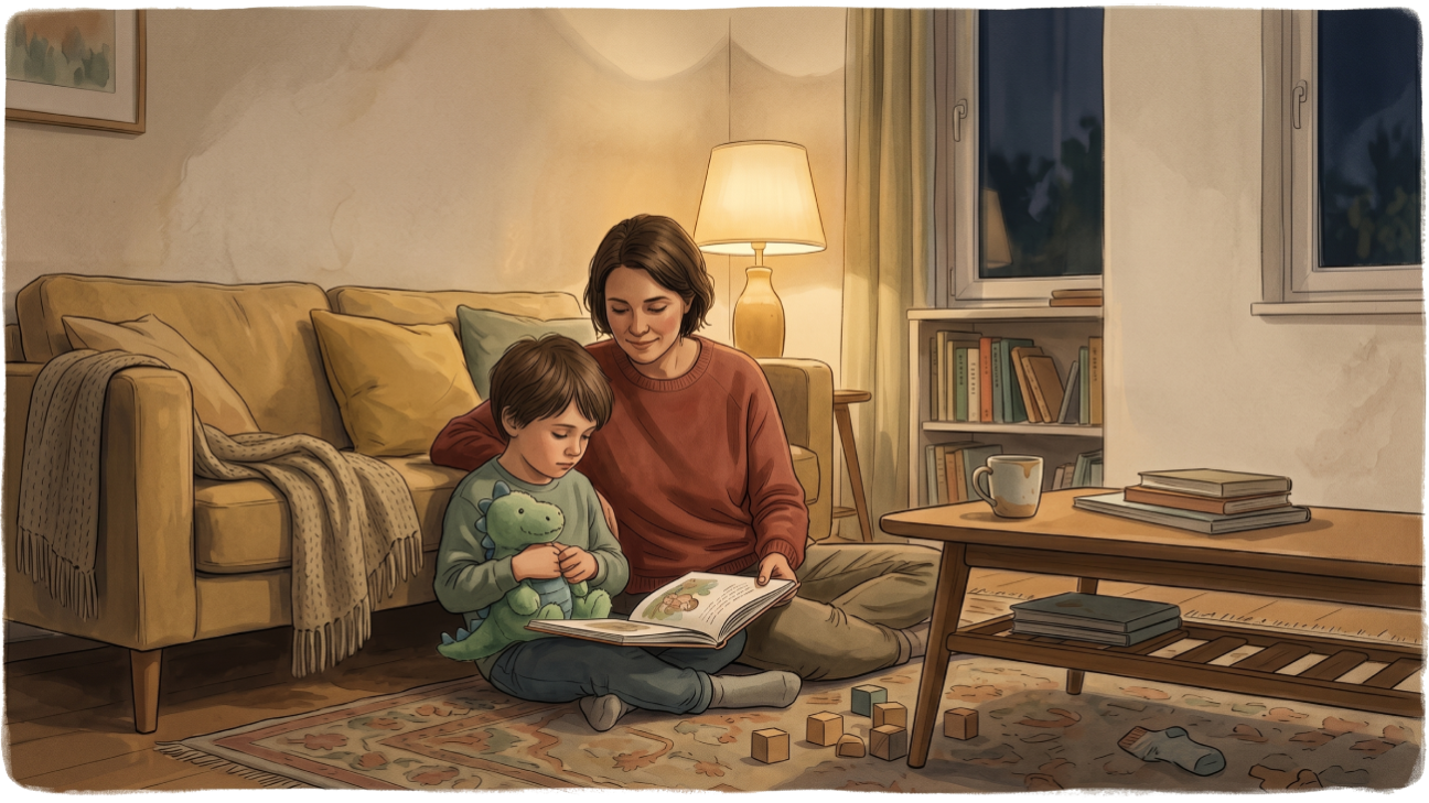 Kind liest mit Mutter das Bilderbuch Wut ist wie ein Vulkan mit einem Dino-Kuscheltier im Arm in ruhiger Abendstimmung im Kinderzimmer