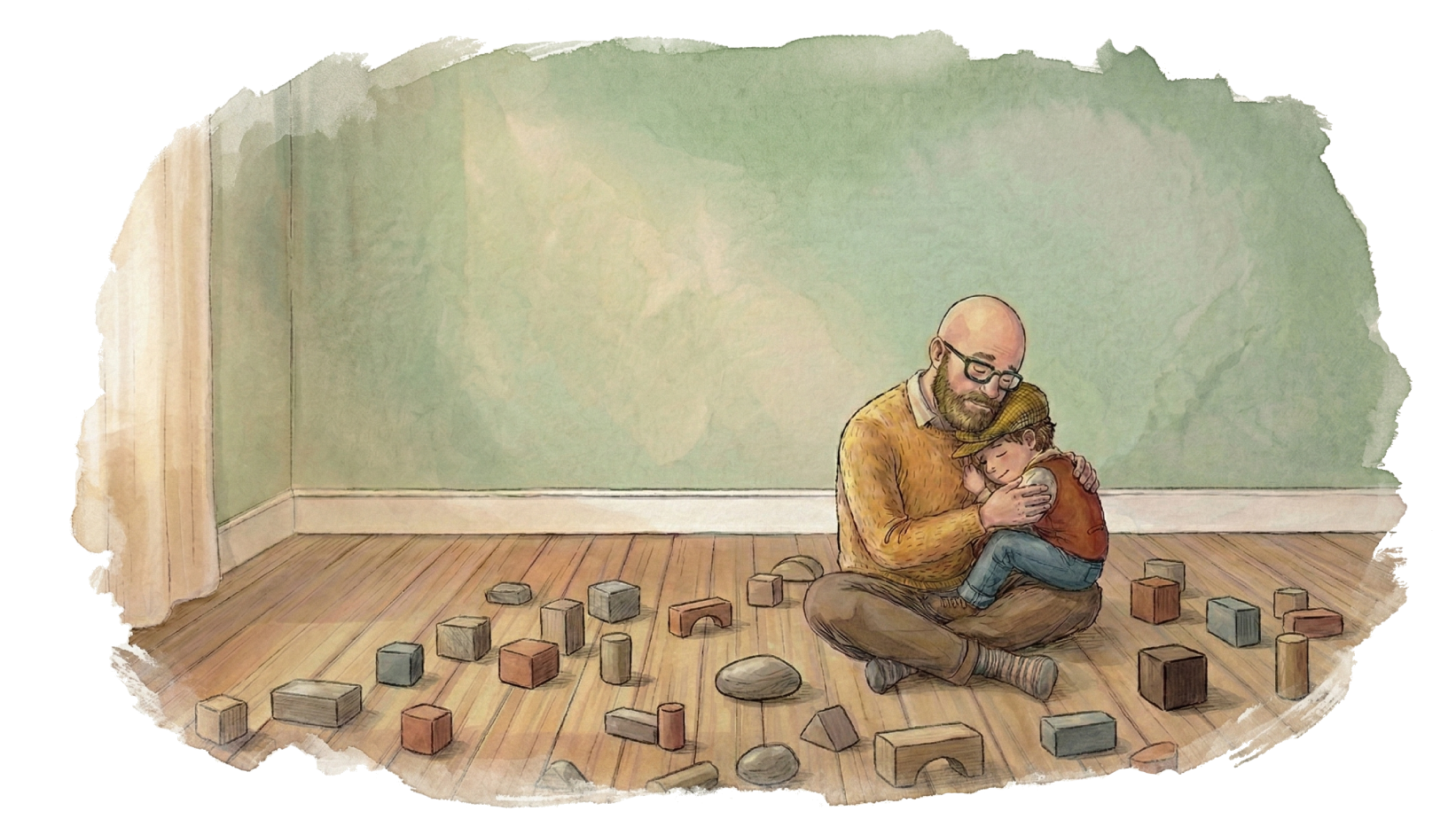 Vater sitzt ruhig mit seinem Kind auf dem Boden nach einem Wutanfall - Präsenz als Co-Regulation